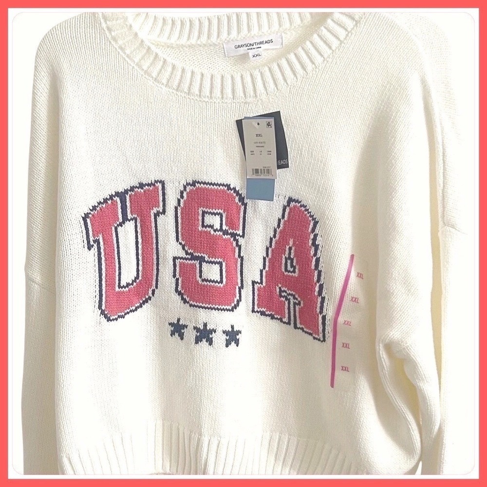 New W/Tags Grayson Threads XXL Cream USA Graphic Knit Cropped Pullover Sweater